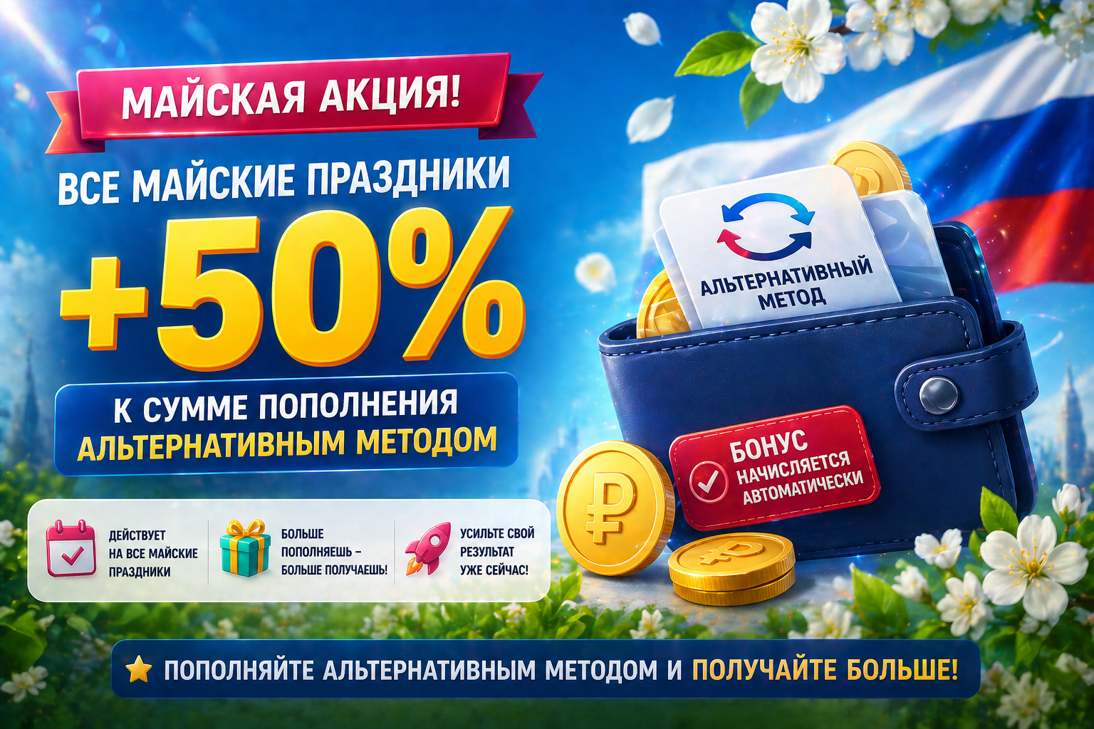 🎉 Майская акция: +50% к пополнению