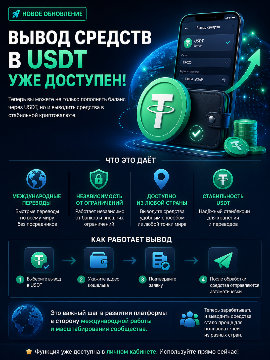 🌍 Вывод средств в USDT уже доступен
